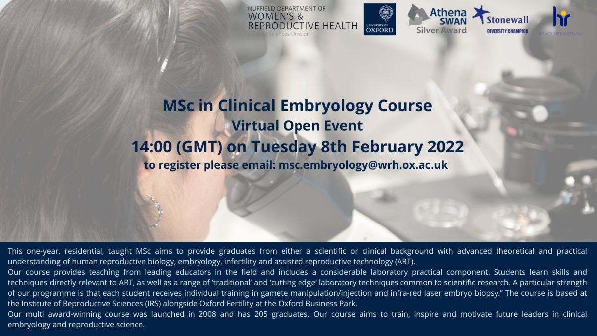 MSc in Clinical Embryology, Virtual Open Event: Tuesday 8th February 2022, at 14:00 pm GMT (UK time). 